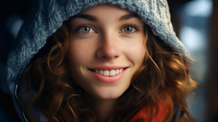 Portrait of a young female teenager wearing a blue wool knit hood with a large smile on her fact. Bright eyes and happiness.