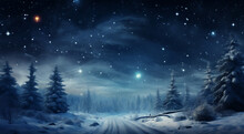 Enchanting Winter Wonderland, Glowing Trees, Starry Skies, and Snowflakes