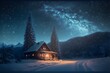 big wooden house with chimney blowing smoke big wooden house on snow background with warm light very big galaxy glowing in the sky many tall pine trees on the left snowy road snow background little 