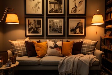 Comfortable lounge arrangement with pillows, lighting, artwork, and picture frames displayed on the wall. Generative AI