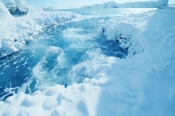 Wall Mural - A background image for creative content, showcasing ice melting water flowing into the sea, surrounded by icebergs. Photorealistic illustration