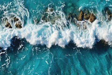 Wall Mural - A background image for creative content, captured from an overhead perspective, featuring an emerald ocean with waves crashing against rocky shores. Photorealistic illustration