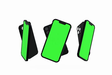 Wall Mural - Set of mobile phone with blank green screen, mockup for web design web pages or banner, promotion, 3D rendering.