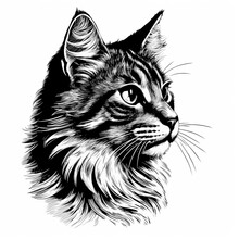 Illustration Of Cat - Woodcut Cat Head - Engraving - Isolated 