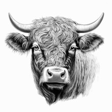 Cow Isolated On White - Bull Head - Cow Head - Angus Ox Head In Woodcut - Engraving - Isolated - Farm
