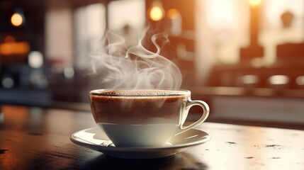 Sticker - cup of coffee on wooden table