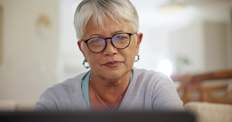 Poster - Senior woman, home and laptop with face, thinking and planning for retirement fund, finances or pension. Elderly, retired and insurance for policy, tax and payment for investment, accounts or budget