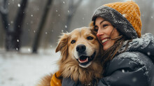 Woman With Dog In Winter With Snow