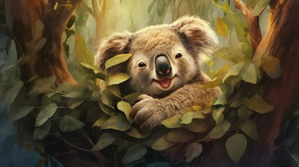 Wall Mural - koala resting and sleeping on his tree with a cute smile