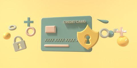 Poster - Credit card security theme - Credit card and shield icon - 3D render