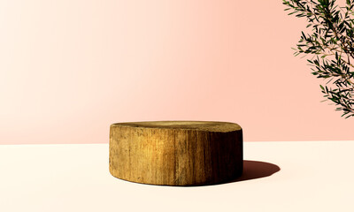 Poster - Wooden podium with tree foliage - 3D render