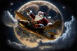 santa flying in night sky near moon detailed 