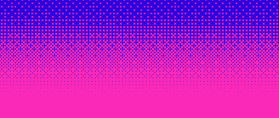 Wall Mural - Pixelated bitmap gradient texture. Blue pink dither pattern background. Abstract glitchy pattern. 8 bit video game screen wallpaper. Wide pixel art retro illustration. Vector horizontal backdrop