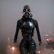 tight leather outfit gas mask 3d render high details ultra realistic octane render unreal engine technocore cypherpunk floating in the air smoke on the street chinapunk ghost in the shell 