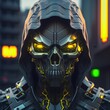 front facing portrait style hooded robotic skull chrome skull chrome face detailed metal neon yellow eyes cyberpunk city background futuristic neon yellow extremely detailed well designed realism 