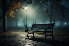Bench In Park At Night With Misty Rain. Generative AI