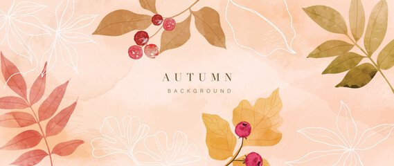 Autumn foliage in watercolor vector background. Abstract wallpaper design with maple and oak leaf, flower, line art. Elegant botanical in fall season illustration suitable for fabric, prints, cover.