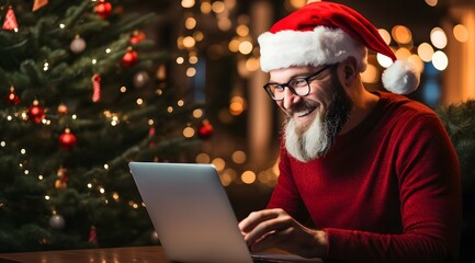 Wall Mural - excited man in santa hat shopping online on laptop