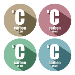 Poster - Carbon chemical element. Sign with atomic number and atomic weight with long shadows. Chemical element of periodic table.