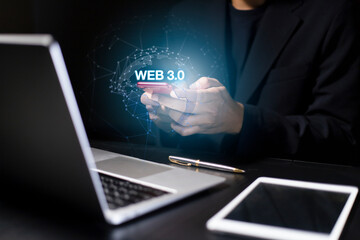 Canvas Print - Web 3.0 concept image with businessman hand show web 3.0 with globe. Technology global network, Blockchain Future Technology, Global Futuristic, website internet development, global business.