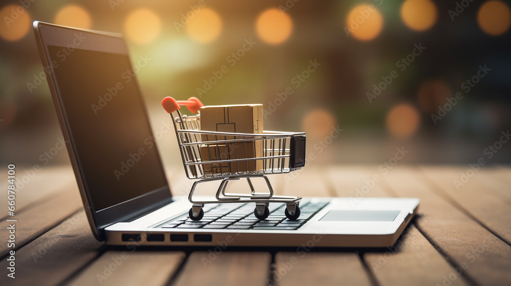 Online shopping e-commerce and customer experience concept: cashiers with shopping cart on a laptop keyboard, depict shopper consumers buy or purchase goods and services at home or office