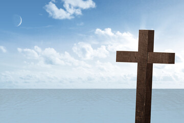 Canvas Print - Digital png illustration of sea, sky with moon and wooden cross on transparent background