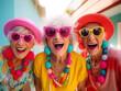 © lelechka - Happy and funny cool old three ladies wearing fashionable bright clothes. Happy and modern Senior women.