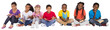Digital png photo of happy diverse schoolchildren sitting with books on transparent background