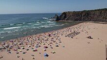 Flying Over Sunny Day At Beautiful Beach With Cliffs In Costa Vicentina, Alentejo, Portugal