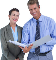 Poster - Digital png photo of happy caucasian business people with file on transparent background
