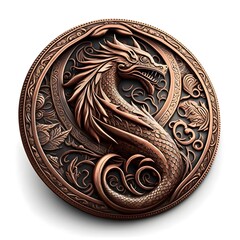 Lucky shiny copper coin Fantasy style with stylized tribal dragon imagery Plain white background DD art Concept art 