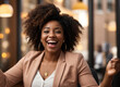 Black businesswoman shows expression of extreme joy while sitting at work, AI generated