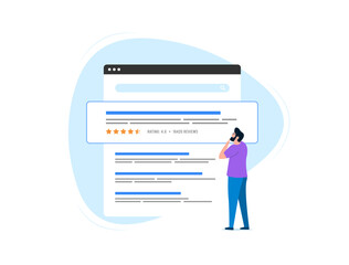 Poster - review snippets concept. serp features and rich snippets based on customer reviews. man studies sear