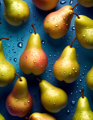 Wall Mural - pears on a blue background with splashes of water