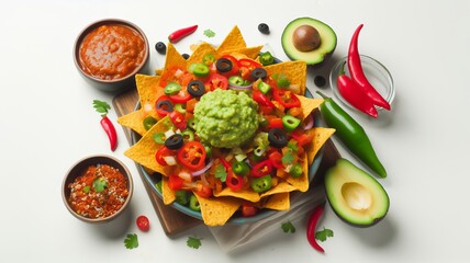 Plate of freshly made spicy nachos with guacamole isolated on white background