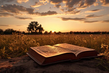 Open Bible With Sunrise In The Setting Sun, The Scriptures By The Sunset, Bright Sun Light And Bible Book Silhouette Of The Holy Jesus Christ Guiding The Bright Path