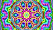 Kaleidoscopic Abstract Background Transformation. Symmetrical Varicolored Ornament Trembling, Vibrating. Mosaic Glowing Backdrop Circumvolution, Coruscating. 4K UHD 4096x2304 Ultra High Definition