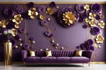 Wall Mural - 3D Wallpaper Design with Floral and Geometric Objects gold ball and pearls, gold jewelry wallpaper purple flower . 3d mural for interior home