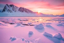 Norway Landscape Nature Of The Winter Mountains Of Spitsbergen Longyearbyen City Svalbard Arctic Polar Night Sunset Pink Sunrise Sky