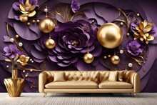 3D Wallpaper Design With Floral And Geometric Objects Gold Ball And Pearls, Gold Jewelry Wallpaper Purple Flower . 3d Mural For Interior Home