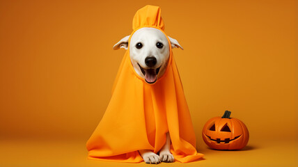 Funny dog wearing cute ghost halloween costume