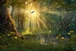 Enchanting forest featuring sunlit tree canopies, floating dandelions, and butterflies. Mystical ambiance during sunrise. Generative AI