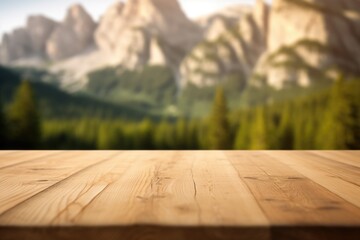 Wall Mural - The empty wooden brown table top with blur background of dolomite mountain. Exuberant image. generative AI