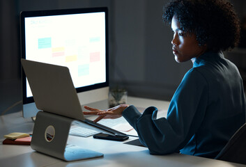 Poster - Woman with laptop, night and checking schedule, agenda and reminder for office administration. Online calendar, diary and girl at dark desk planning spreadsheet for time management on computer screen