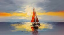 Sailboat Ocean Bright Orange Sail Mate Mix Emotional Sad Evening Dusk Listing Drifting Stand Sea Behind Rum Red Dream World Stands Easel