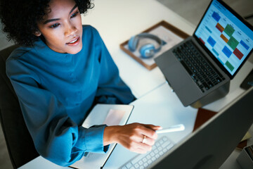 Poster - Woman with computer, notebook and checking schedule, agenda and reminder for office administration. Online calendar, diary and girl at desk planning spreadsheet for time management with high angle.