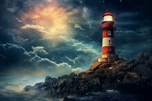 Abstract Wallpaper Featuring An Ancient Surreal Lighthouse And A Surreal Galactic Entity In A Unique Place. Generative AI