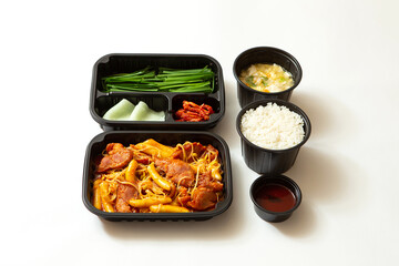 Wall Mural - Spicy stir-fried meat and vegetables, delivery packaged food