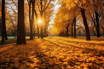 Wall Mural - autumn landscape, beautiful city park with fallen yellow leaves.