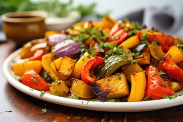 Sticker - plate of roasted vegetables featuring colorful bell peppers